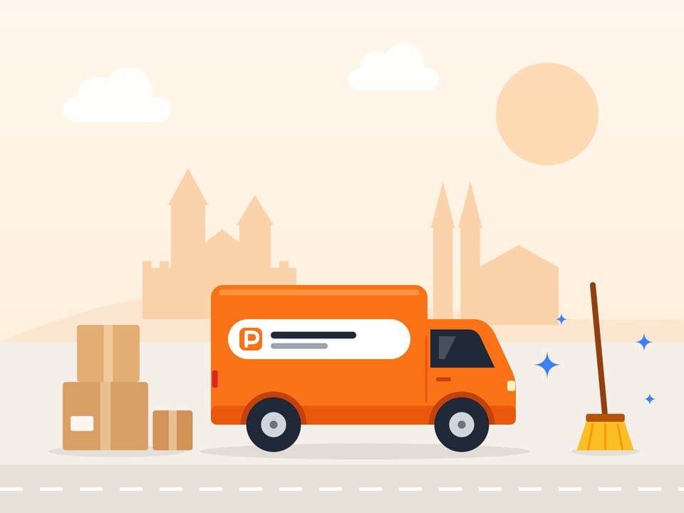 Drawing of an orange moving van with boxes and a broom in front of Nuremberg's castle